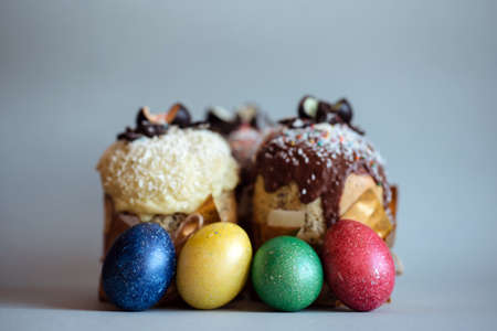 Colorful Easter Eggs and Cake.の写真素材