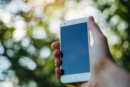 smart phone in hand in the woodの写真素材