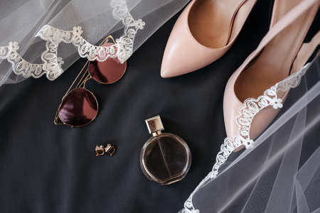 Wedding accessories. Bouquet and accessories of bride and groom. Wedding detailsの写真素材