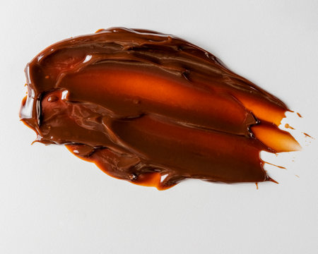 delicious chocolate paste smeared on white background in studio, trendy, flatlay and copy space.の写真素材