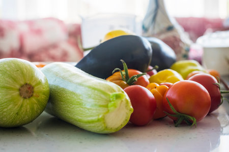 Colorful fresh vegetables on a bright table. close up.の写真素材