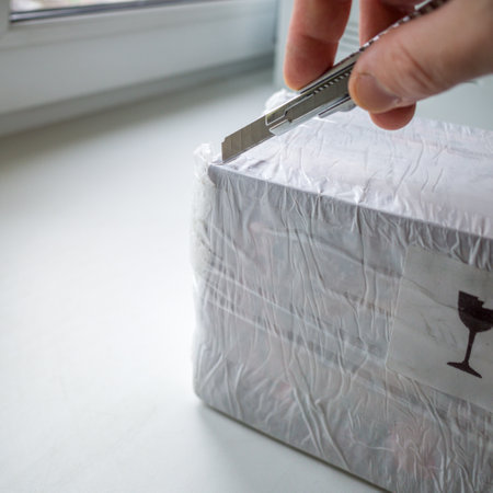 opening the parcel with a stationery knife. natural light. copyspace.の写真素材