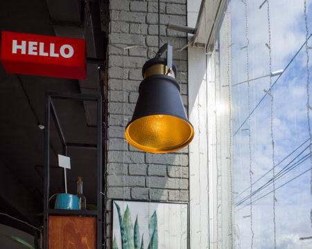 lamp in a vintage cafe, natural lightの写真素材