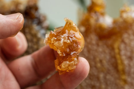 man takes honey with his hand from a honeycomb. close up.