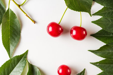 cherry berries with leaves on a white background. copyspace.の写真素材