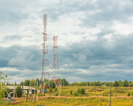 Microwave telecommunication towers in rural areas of the north of Russia Arkhangelsk region. copy spaceの写真素材