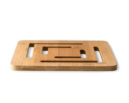 wooden board stand made of bamboo with slits, front view, isolated on white. mockupの写真素材