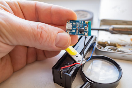 man 's hand holds an electric battery charger board next to the included soldering iron and a tape with a magnifying glass . the concept of repair and maintenance. copyspace.の写真素材