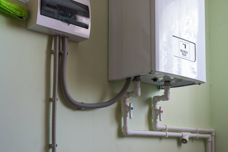 an electric boiler is installed on the wall, heating of a private house.の写真素材