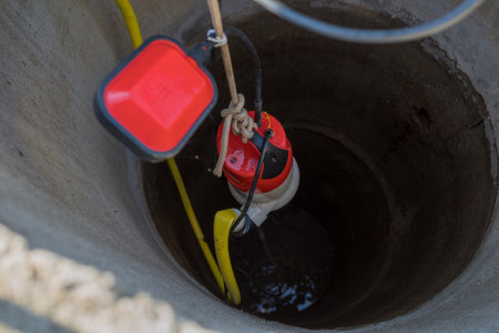 lifting a pump from a deep well to pump water.の写真素材