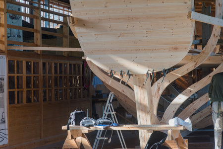 Boat hull, skeleton of a wooden boat, wooden structure composed by Keel and frames of a half-built boat.の写真素材