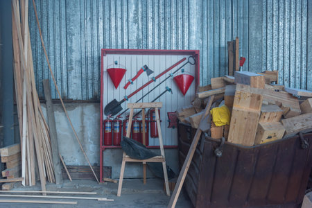a fire shield with a shovel, an ax and a fire extinguisher in a large woodworking shop, next to...