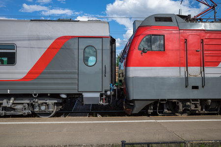 electric train on an early sunny day against a blue sky. natural light