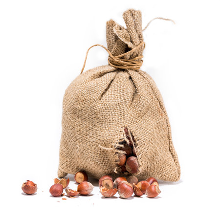 a small canvas bag, torn or gnawed, from which the hazelnuts fell out. white background.