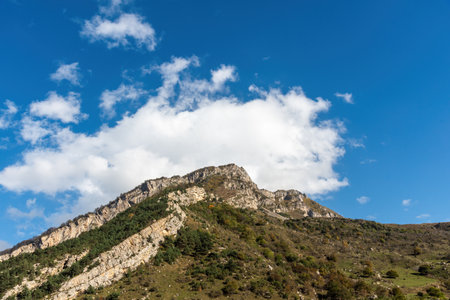 a mountain with wooded slopes against the skyの写真素材