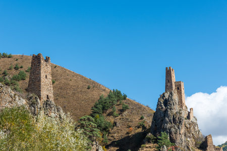 ancient complex of Ingush defense watchtowers Vovnushki. Republic of Ingushetia in Russiaの写真素材