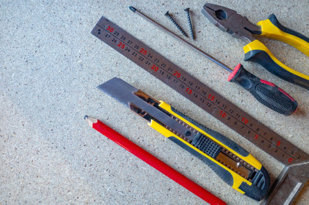 construction tools on chipboard copy space
