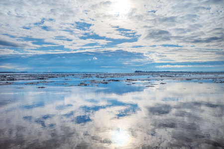 panoramic view of the river with chunks of floating iceの写真素材