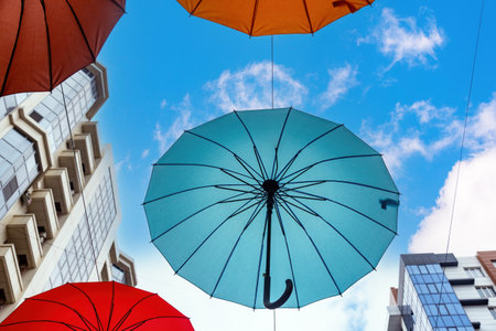 Above the street, colorful umbrellas floated in the air among the high-rise buildings.