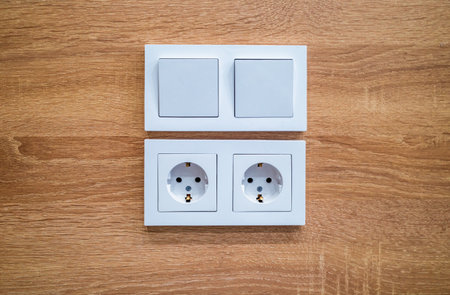 White light switches and electrical plugs fitted into wooden paneling. Energy connections.