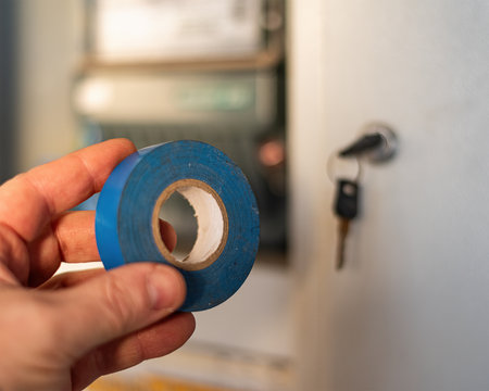 Electric Blue equipment detail, electric insulating blue tape close shotの写真素材