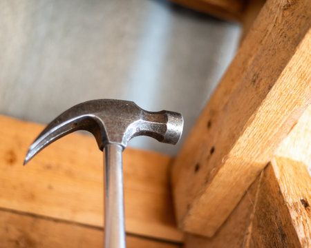 Macro shot of a metal hammerhead. Hammer detail and Tool.の写真素材