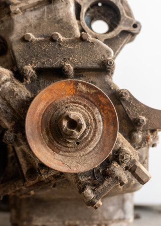 Rusty pulley on an old, dusty machine engine