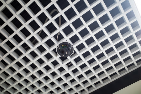 Security camera mounted on a white lattice ceiling.