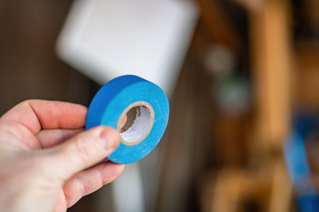 Blue electrical tape, Hand holding a roll of blue electrical tape.の写真素材