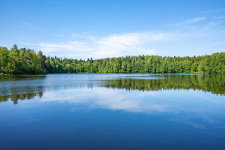 Still lake reflects a forest under a blue sky with few clouds. Tranquil and serene scenic view. copy space and natural lightの写真素材