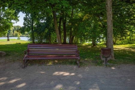 Sunny and scenic view of a bench on the shores of a lake. natural lightの写真素材