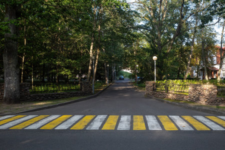 road with a yellow and white pedestrian crossing leads into a park-like setting with trees, decorative stone walls, and a building visible in the background., natural lightの写真素材