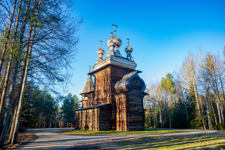 large, intricately designed wooden church with multiple domes and crosses stands prominently in a forest clearing under a clear blue sky, bathed in the warm light of what appears to be late afternoon. Maly Kareli Arkhangelskの写真素材