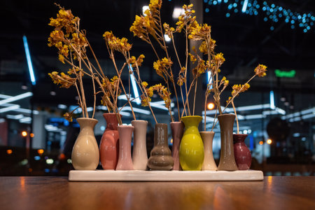 Dried flowers displayed in various-colored vases. Vases with Flowersの写真素材