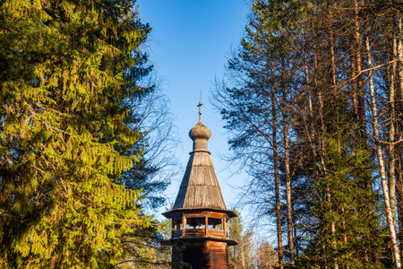 Wooden bell tower with cross among pine trees under a clear blue skyの写真素材