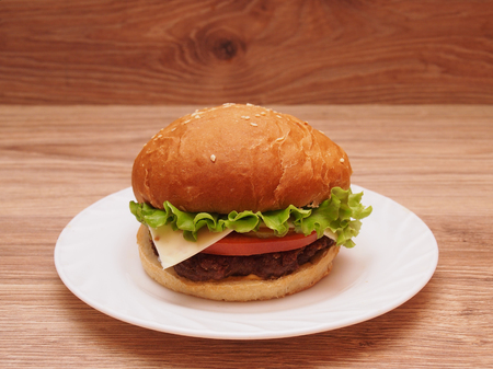 Hamburger with salad and cheese sauceの写真素材