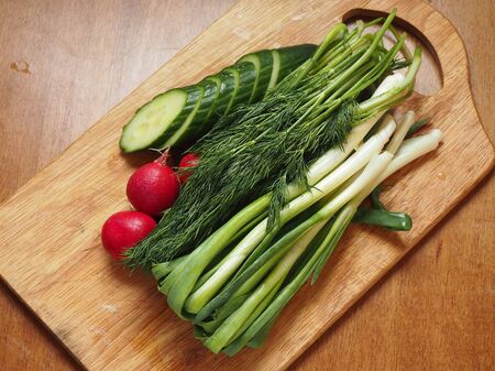 Onions, radishes and dill on a cutting boardの写真素材