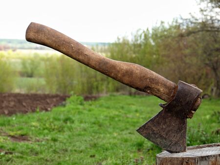 axe stuck in tree stumpの写真素材