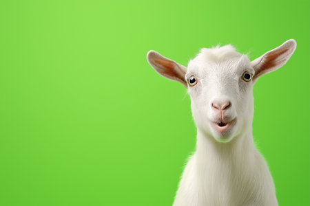 White goat with inquisitive expression against bright green background during a sunny dayの素材