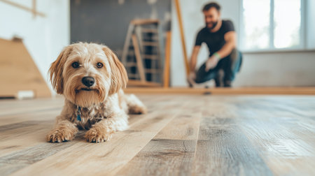 Dog supervises home renovation in sunny living roomの素材