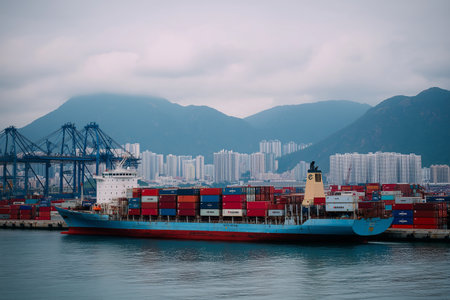 Container ship unloading cargo at busy port under cloudy skyの素材