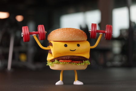 Cheerful burger character lifts weights in a gym settingの素材