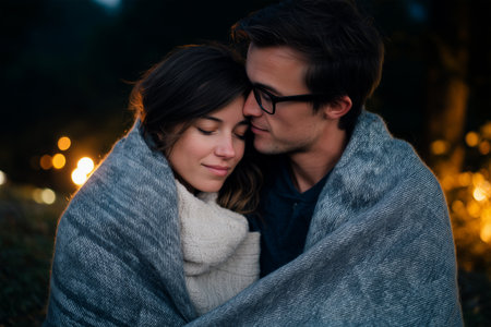 Couple embraces under a cozy blanket during a chilly eveningの素材