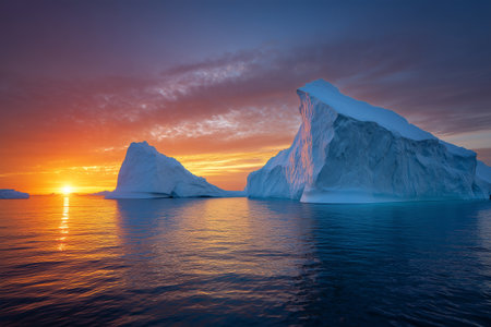 Stunning sunset over icebergs in a tranquil Arctic seascapeの素材