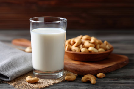 Creamy cashew milk served with fresh cashew nutsの素材