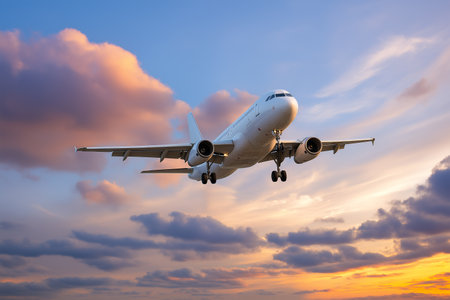 Airplane gliding through the colorful sunset sky near the airportの素材