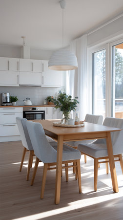Modern dining area with natural light and simple decorの素材