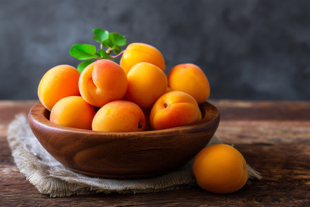 Fresh apricots in a wooden bowl on a rustic tableの素材