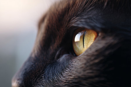 Close-up of a black cat's eye with golden flecks and detailsの素材
