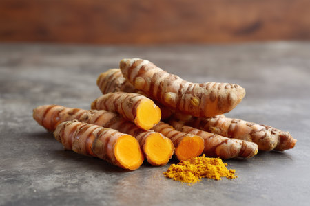 Fresh turmeric roots and ground spice arranged on a tableの素材
